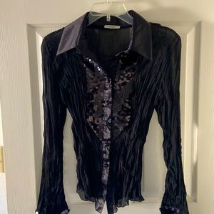 Sheer black button up dress shirt with black shiny sequins